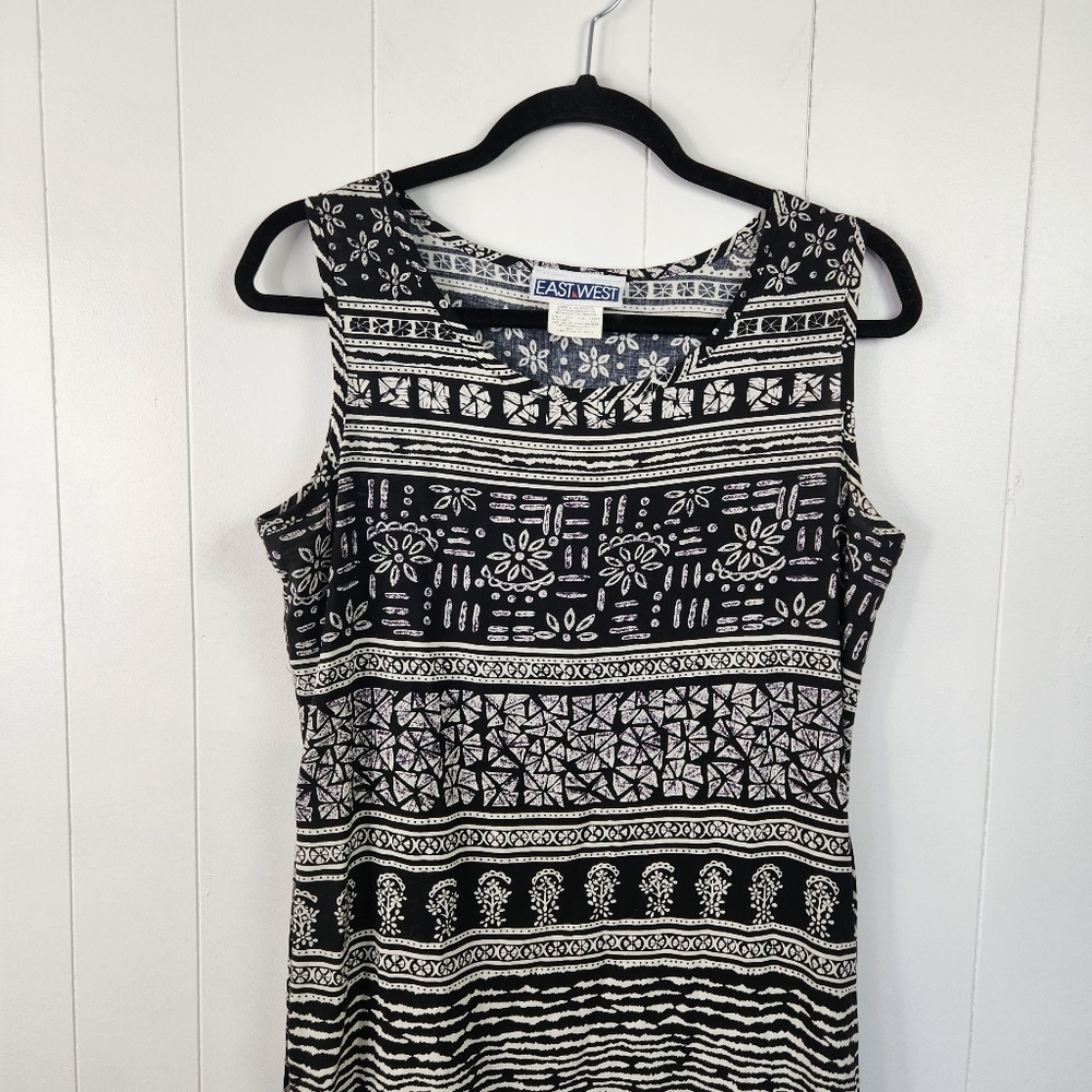Vintage 90s Black Aztec Print Summer Midi Dress 1990s Sheath Sundress Beach Boho - Picture 5 of 13